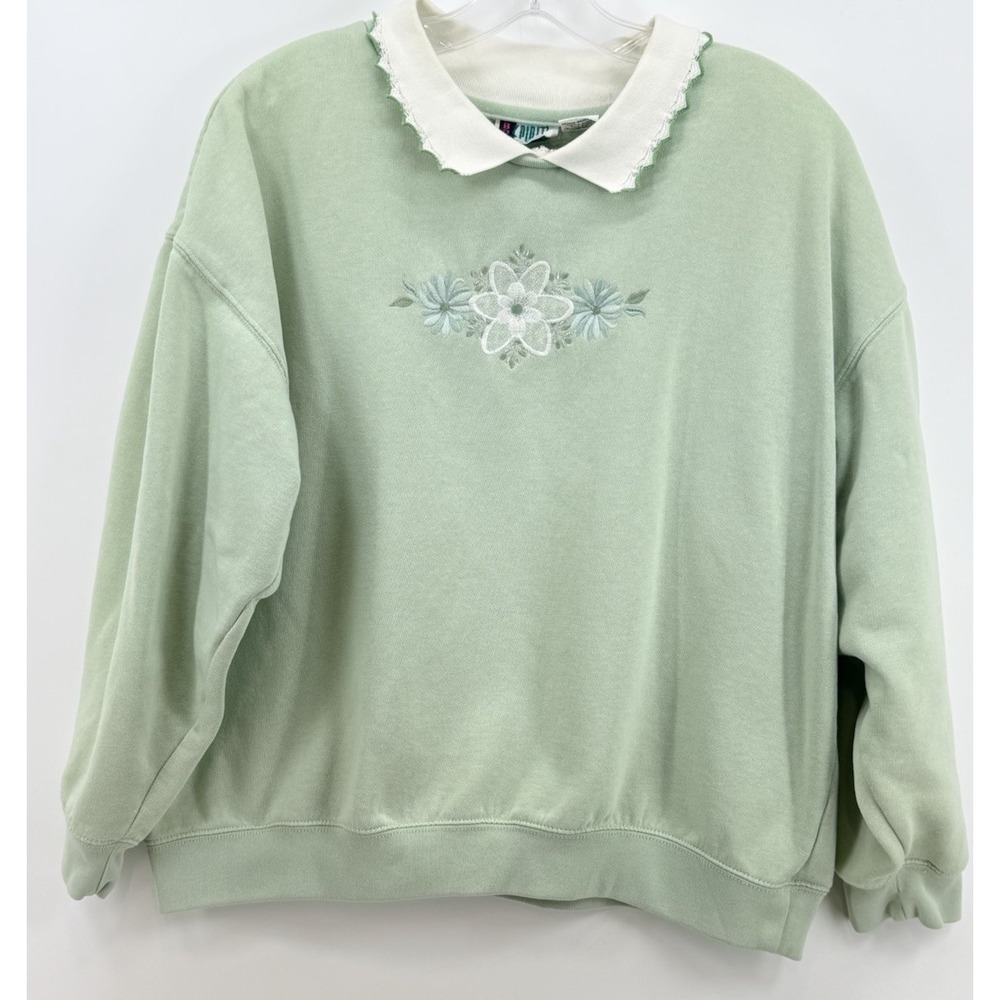 Vintage Bold Spirit Sweatshirt Women's XL Green Floral Embroidered Collar 90s